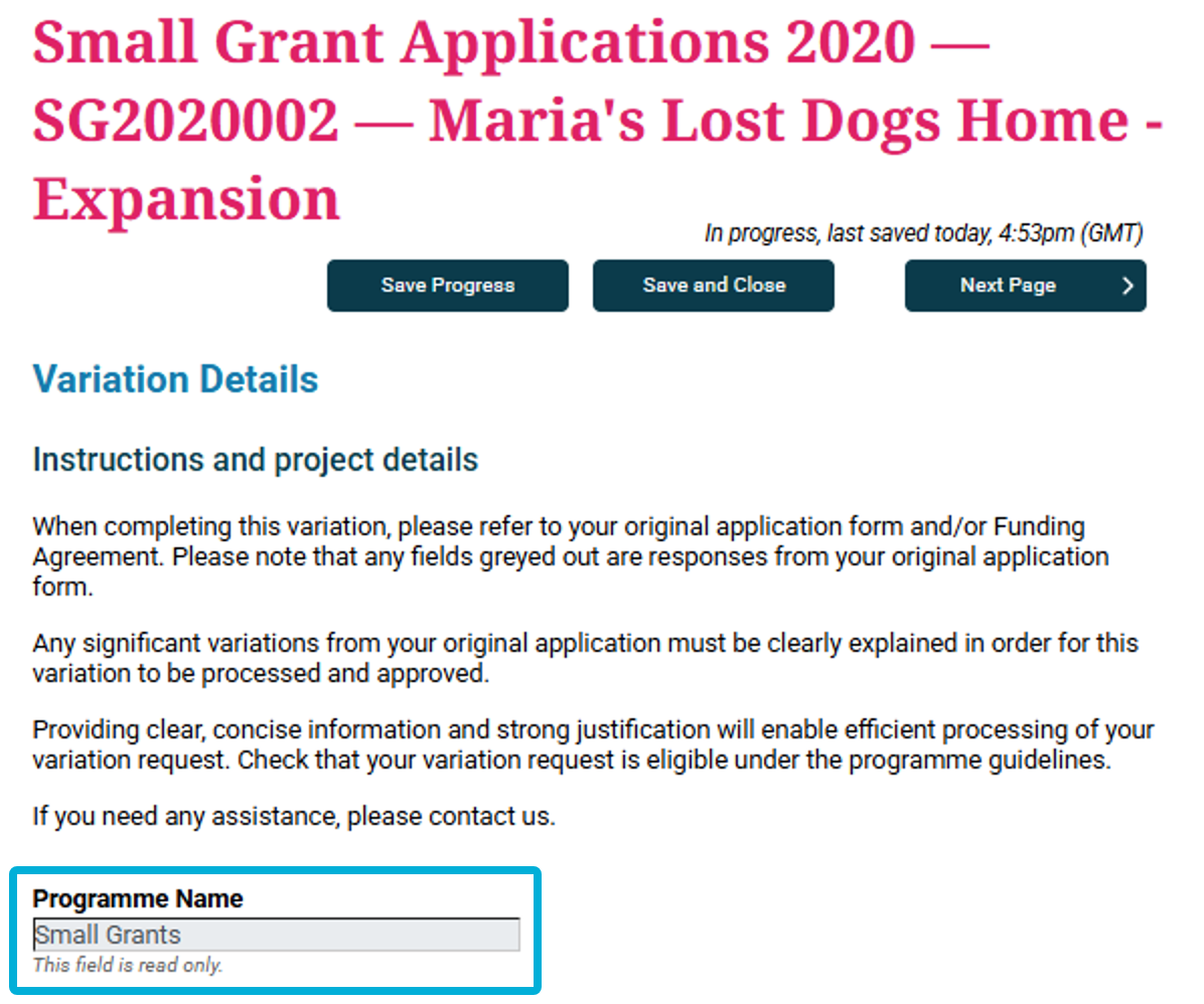A variations form showing a reference field being used. It has been renamed to Programme Name. 