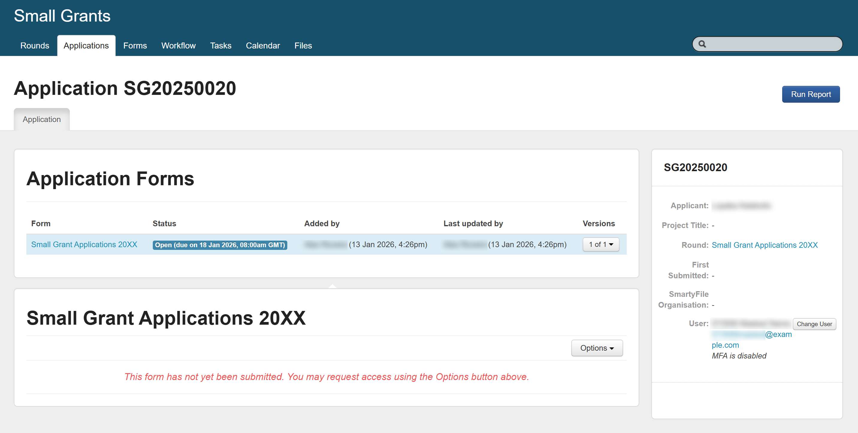 An example Unsubmitted application record. The record is missing all the application tabs except for 'application' form tab, and the sidebar is incomplete.