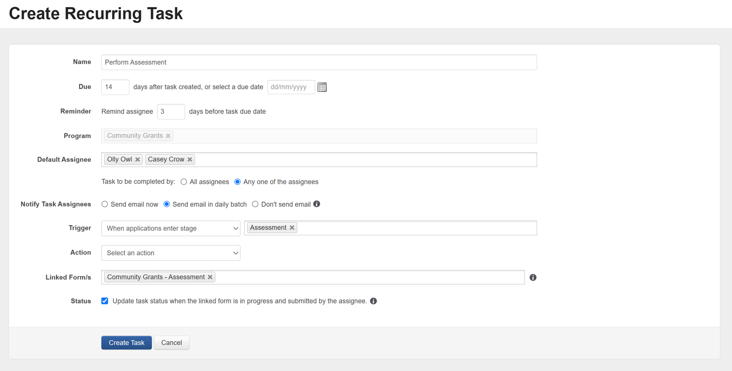 View of the Create Recurring Task screen, with the previously mentioned task criteria shown.