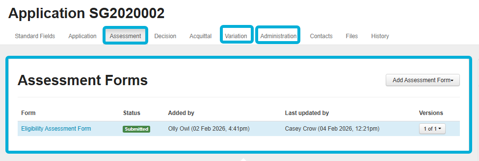 Highlighting the Assessment, Variation and Administration navigation tabs, and the Assessment Forms view.